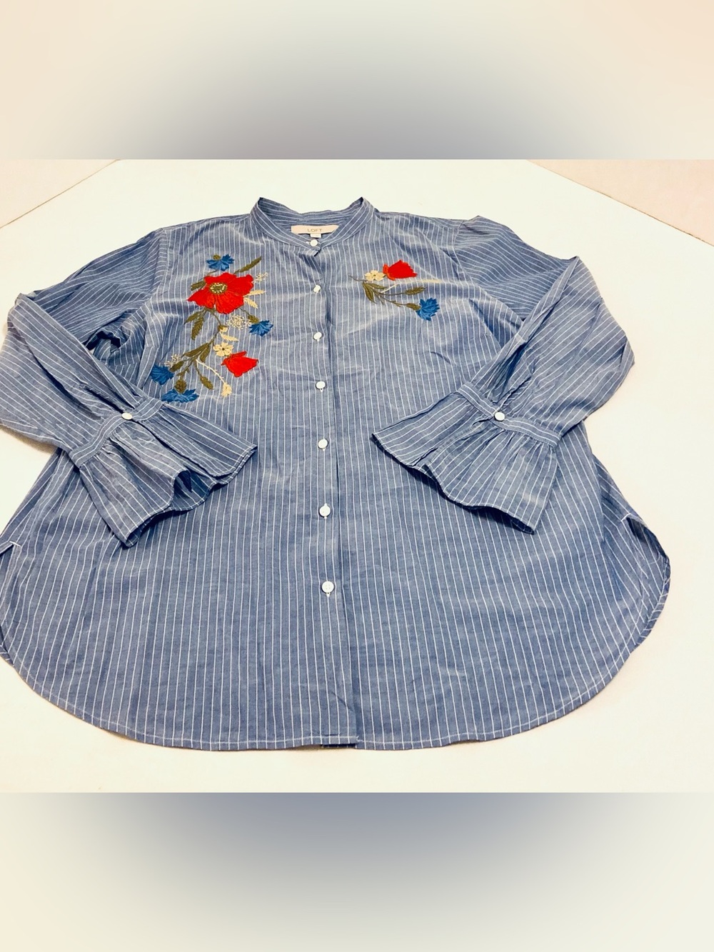 LOFT Striped Blue Button-Up Shirt with Floral Embroidery, size L